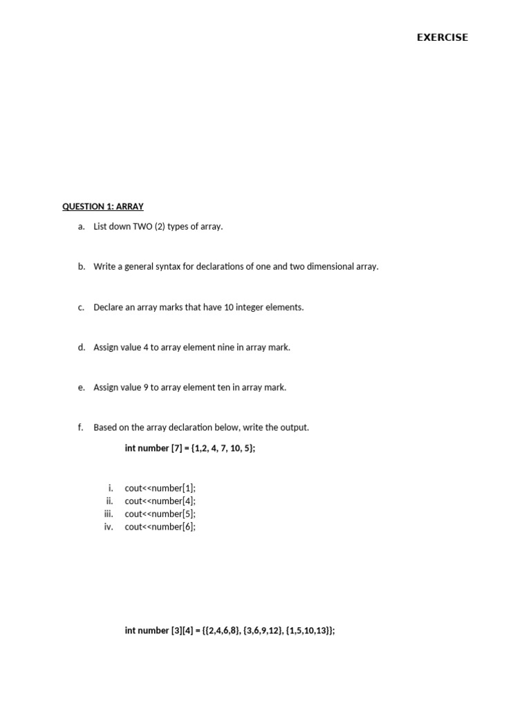 Question 1: Array: Exercise | PDF | Computer Programming | Software ...