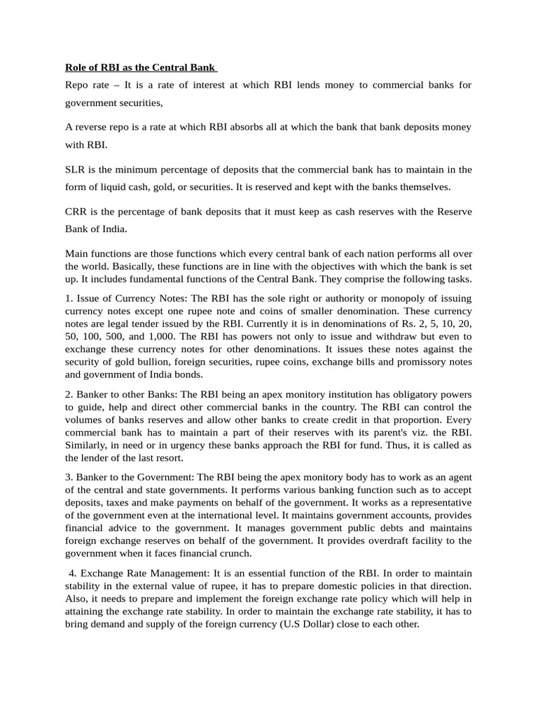 Role of RBI As The Central Bank | PDF | Reserve Bank Of India | Banks