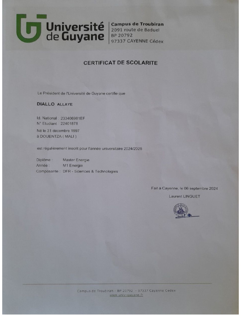 Certificat de Scolarité - 1 | PDF