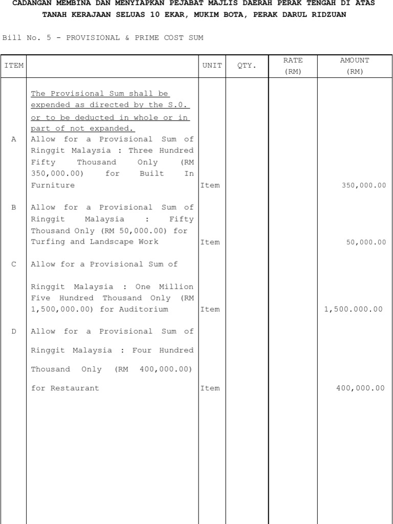 Bill No 5 Provisional and Prime Cost Sum