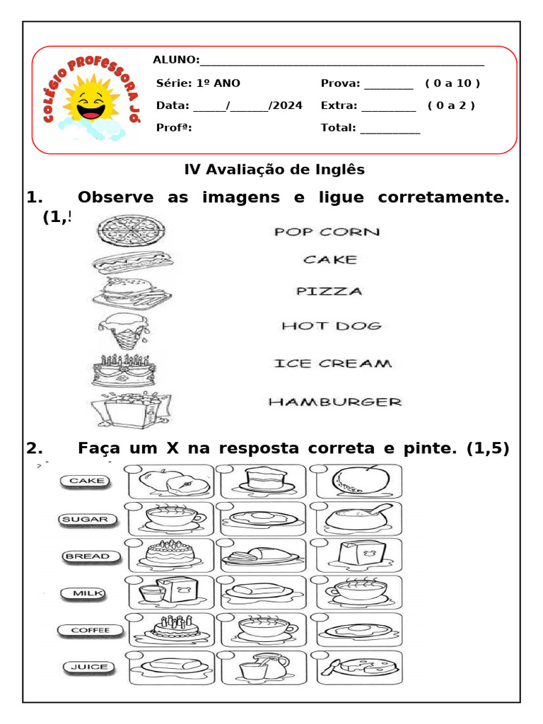 Prova de Inglês para 1º Ano | PDF