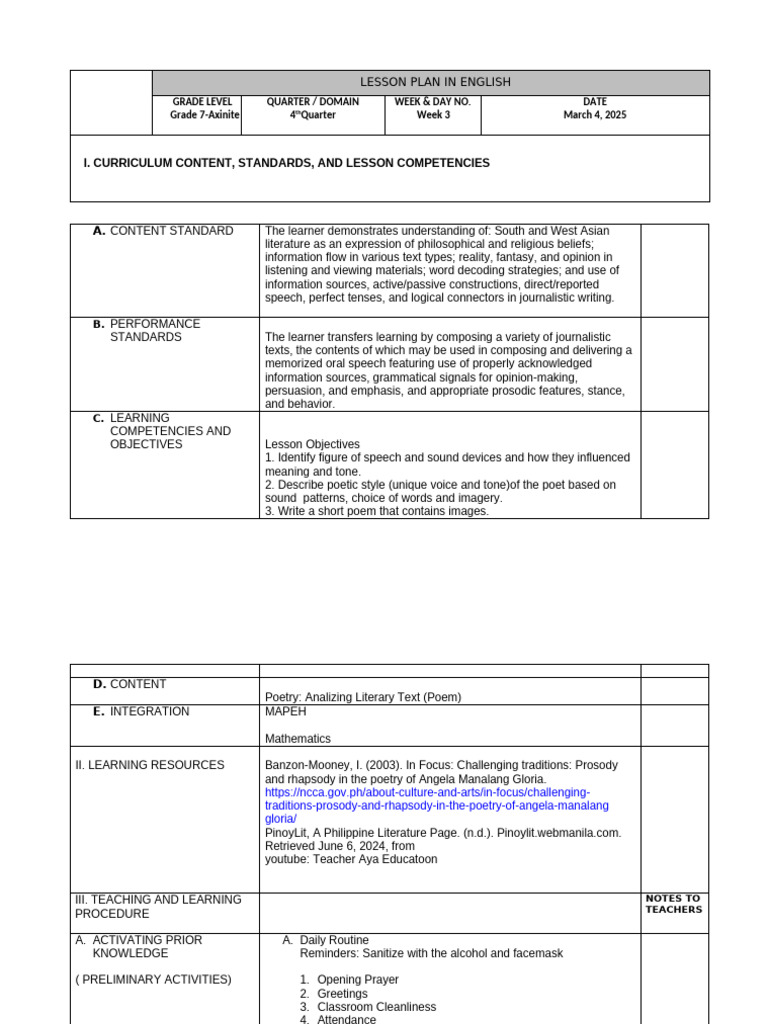 Grade 7 Poetry Lesson Plan | PDF | Poetry | Learning