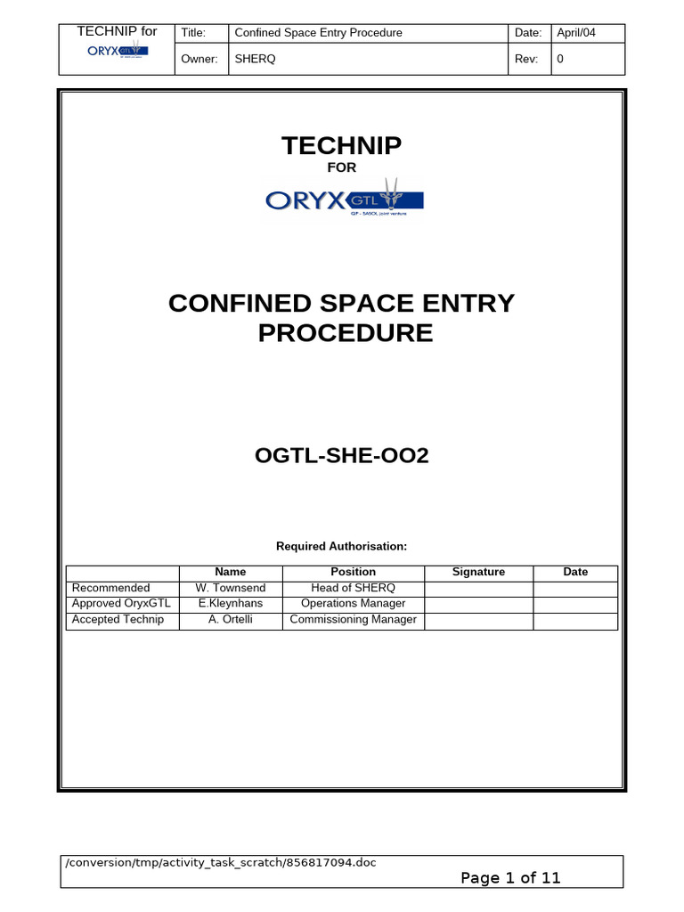 OGTL-SHE-002 Confined Space Entry Procedure | PDF | Ventilation ...