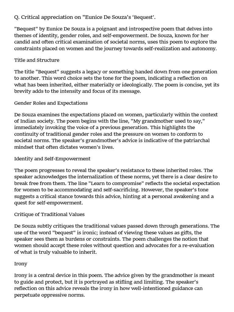 Critical Appreciation On Eunice de Souza's Bequest | PDF | Gender Role ...