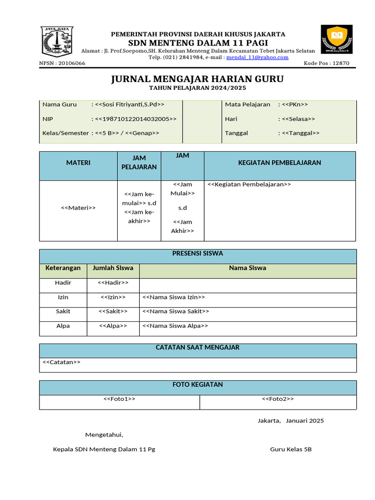 Jurnal Mengajar Harian Guru SD 2024/2025 | PDF