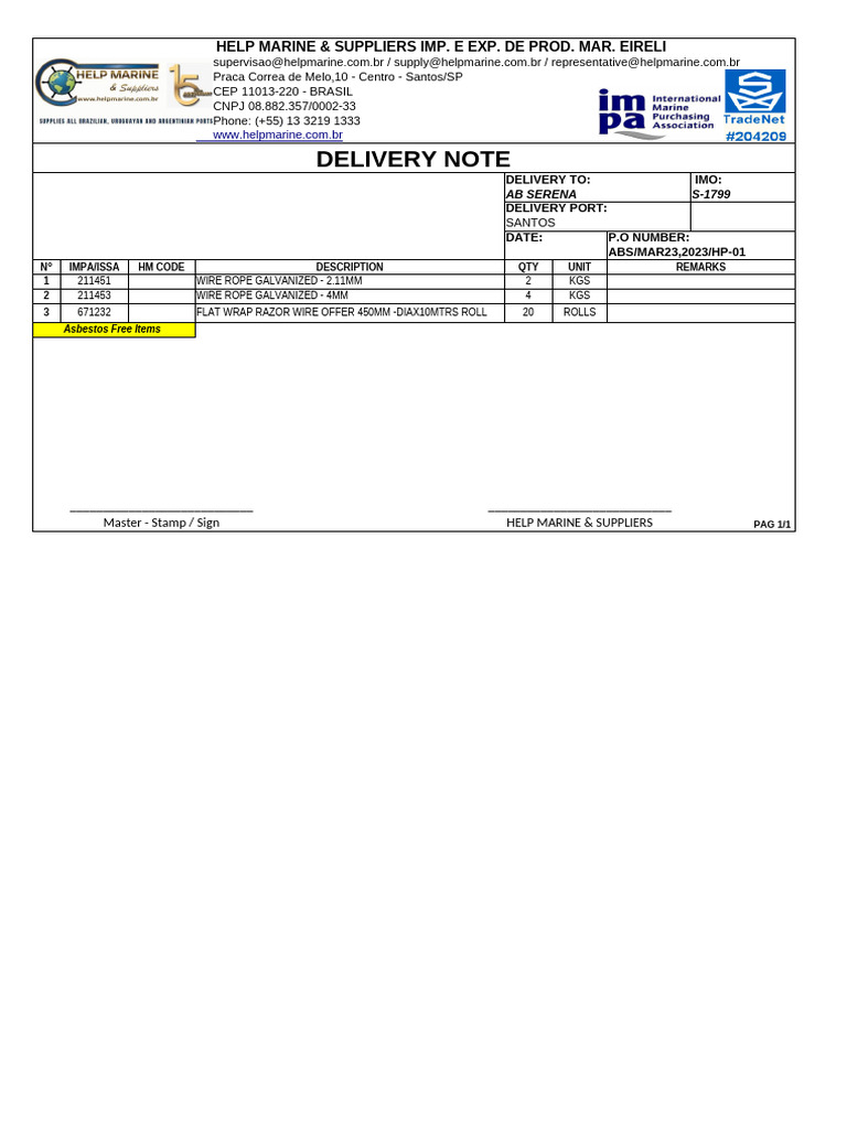 Delivery Note - Ab Serena - Abs - Mar23.2023 - hp-01 | PDF
