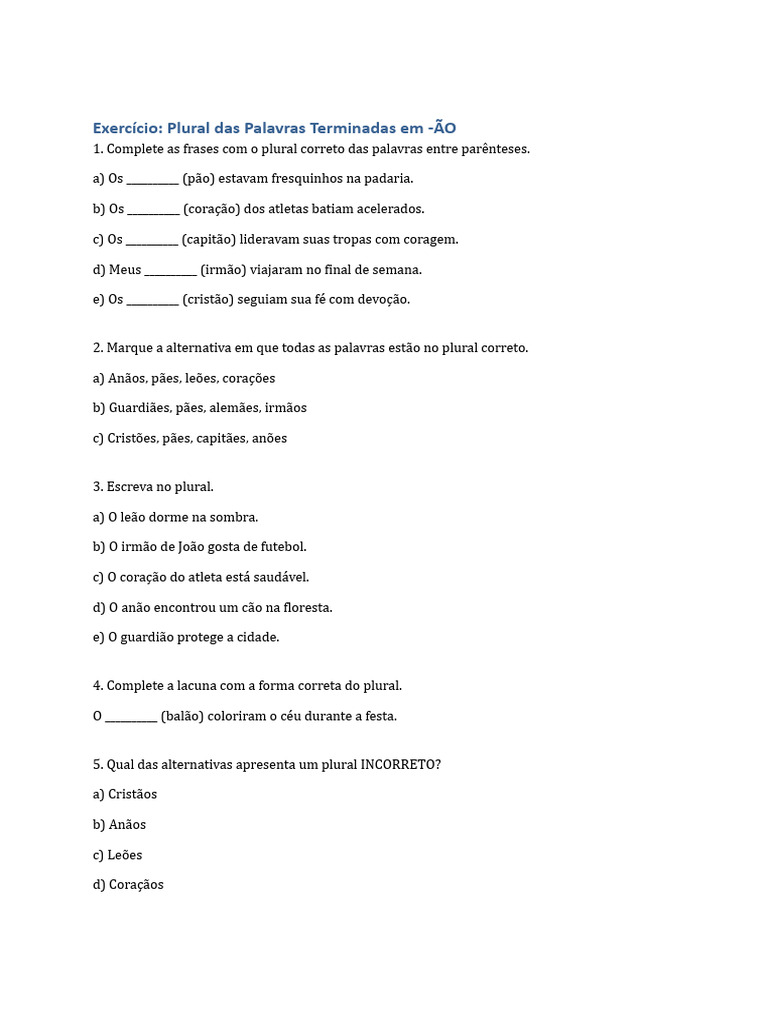 Exercícios de Plural com -ÃO | PDF