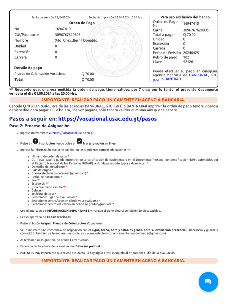 Instrucciones para Orden de Pago USAC | PDF