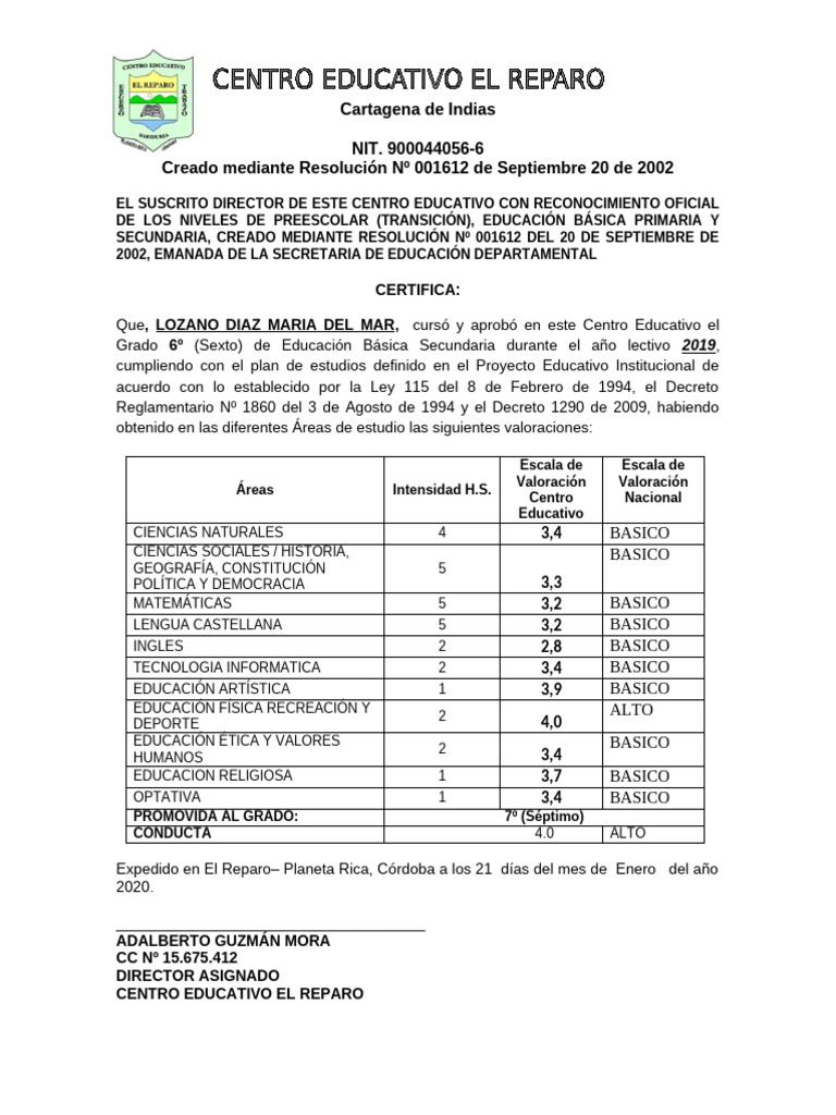 Certificado de Bachillerato 2020 | PDF