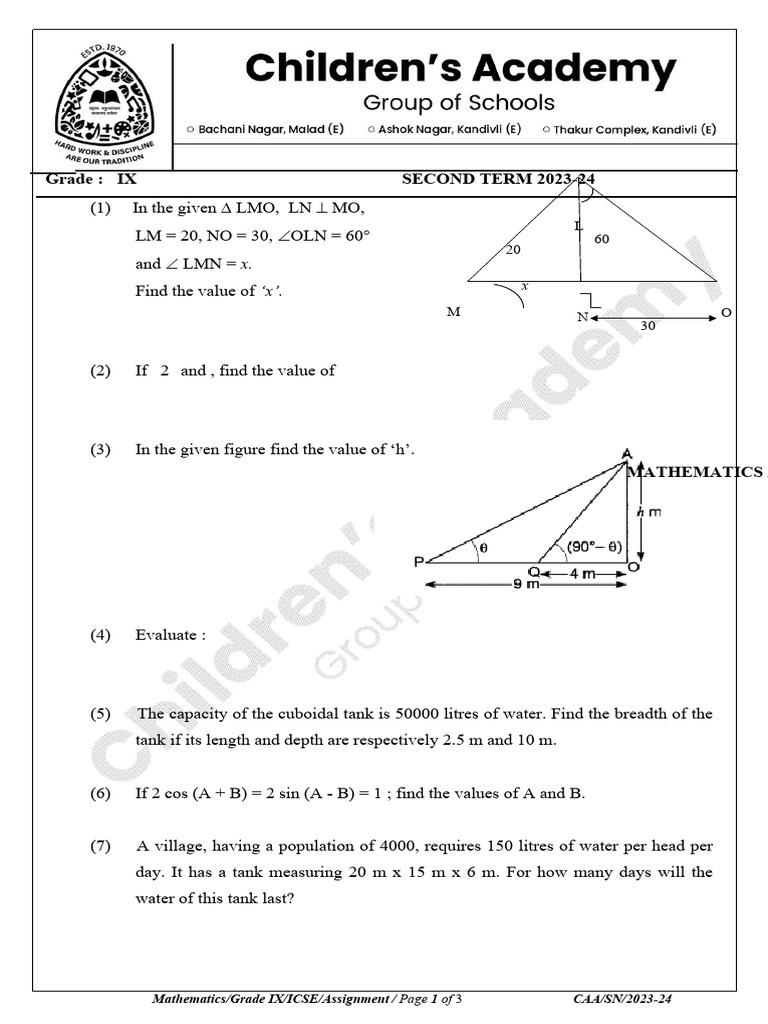 Grade IX ICSE Mathematics Assignment | PDF | Circle | Area