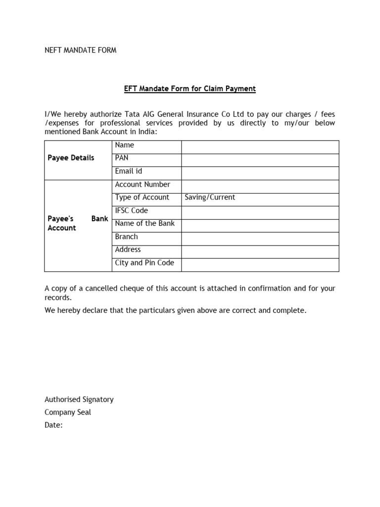 EFT Mandate Form for Tata AIG Claims | PDF
