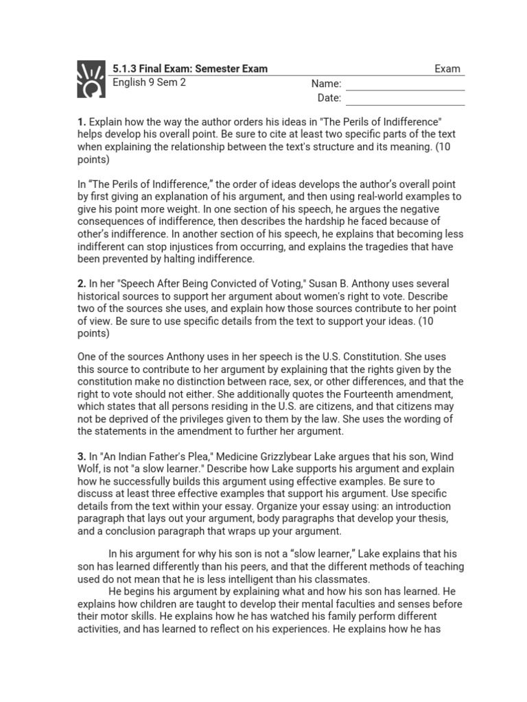 English 9 Semester Exam Overview | PDF | Argument | Essays