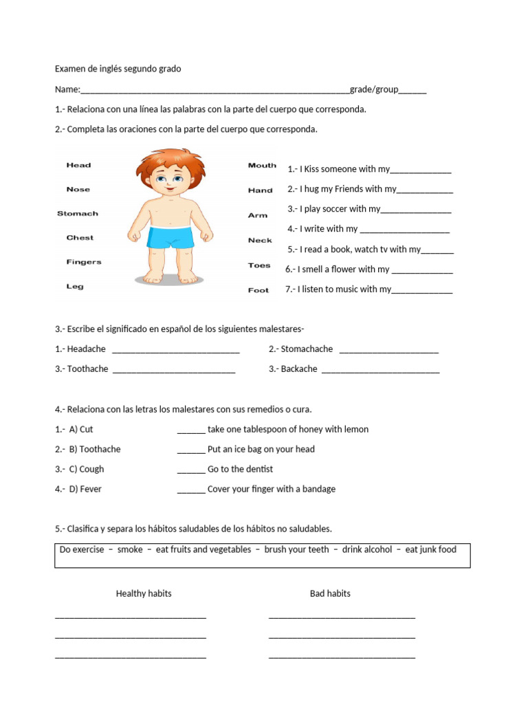 Examen de inglés para segundo grado | PDF