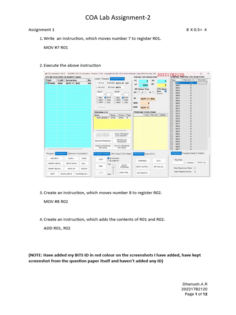 COA Lab Assignment on Instruction Execution | PDF | Central Processing ...