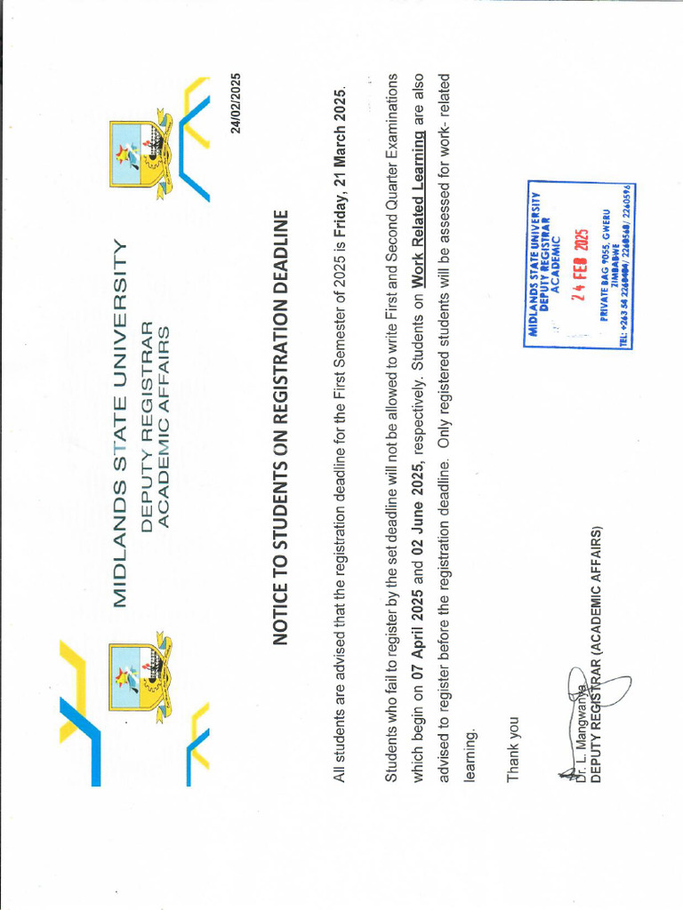 Notice To Students On Registration Deadline First Semester 2025 | PDF