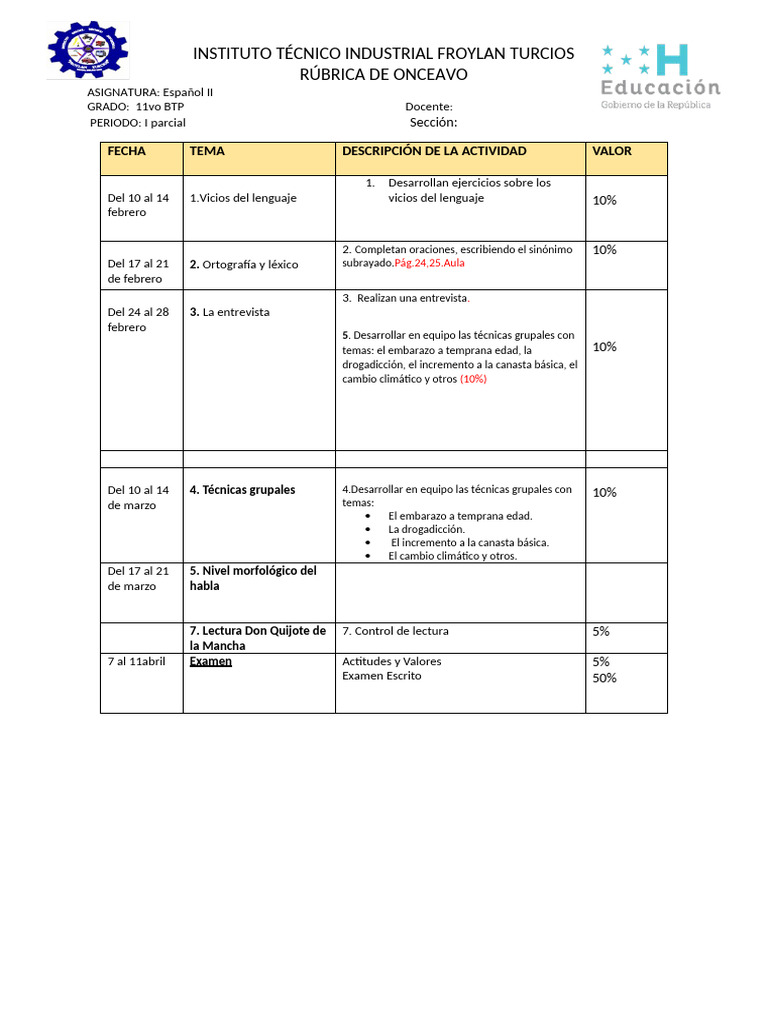 Rubrica Onceavo Español Ii P2025 | PDF