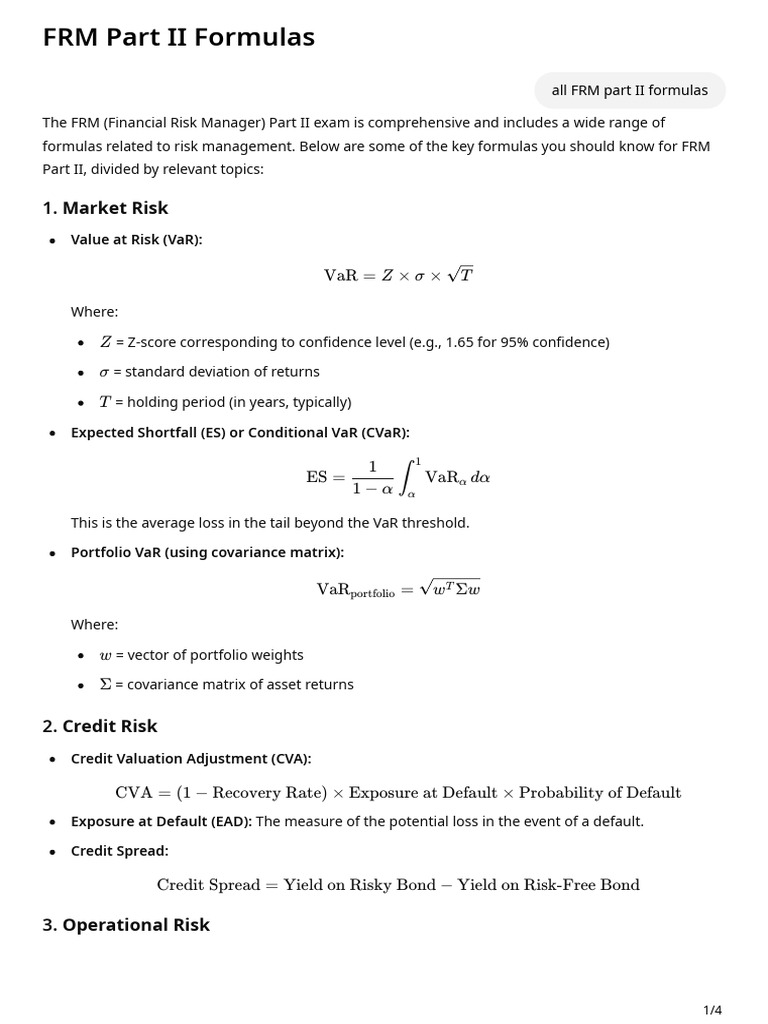 FRM Part II Formulas | PDF | Value At Risk | Financial Economics