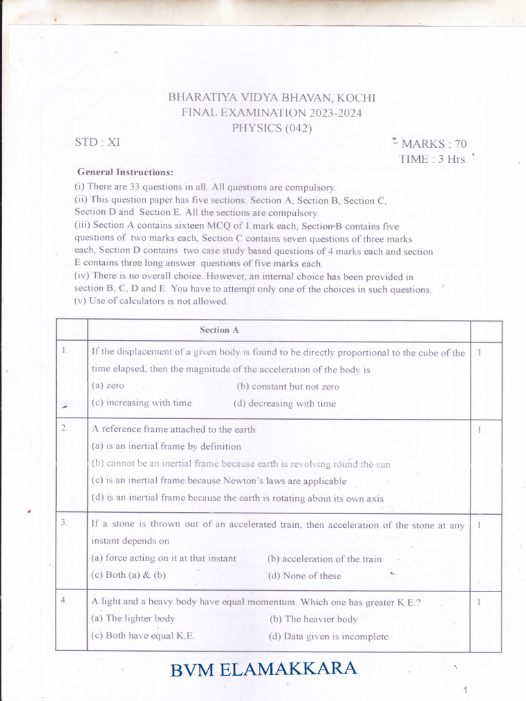 XI Physics Final Exam Question Paper | PDF | Continuum Mechanics ...