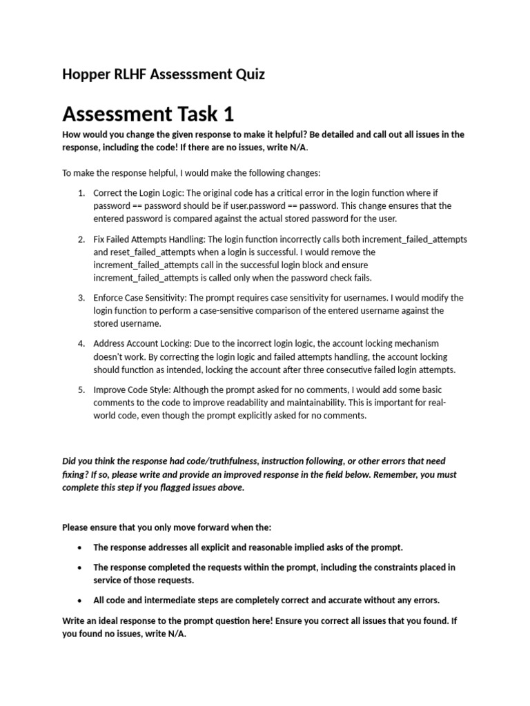Hopper RLHF Assessment Quiz Answers | PDF | Password | User (Computing)