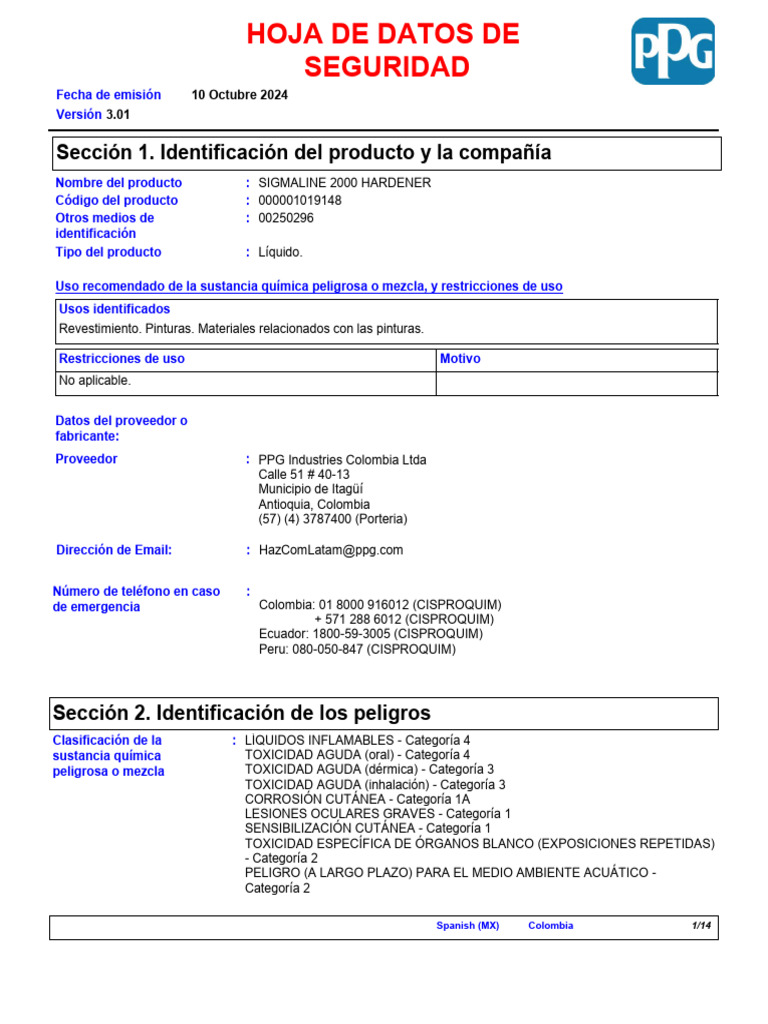 Hoja de Seguridad SIGMALINE 2000 HARDENER | PDF