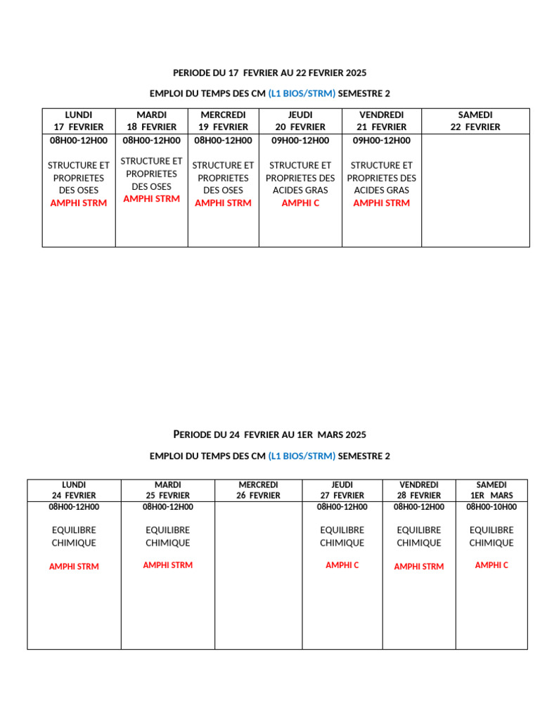 Emploi du temps L1 BIOS/STRM Semestre 2 | PDF