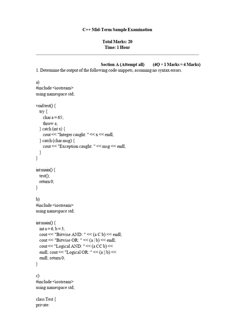 C++ Mid-Term Exam Sample Questions | PDF
