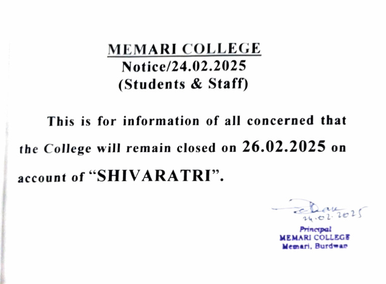 Memari College Closure Notice for Shivaratri | PDF