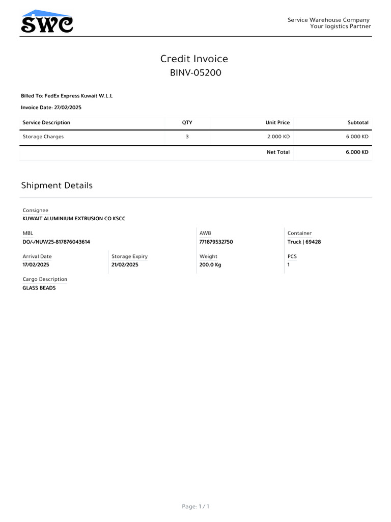 FedEx Kuwait Storage Invoice BINV-05200 | PDF