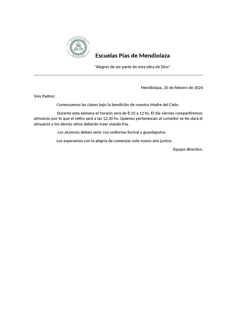 Inicio de Clases 2024 en Escuelas Pías | PDF