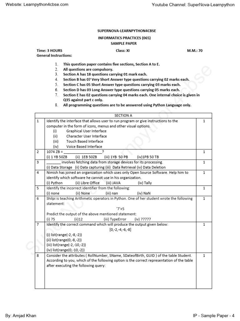 Sample Paper - 11 - IP-4 | PDF | Computing | Computer Programming