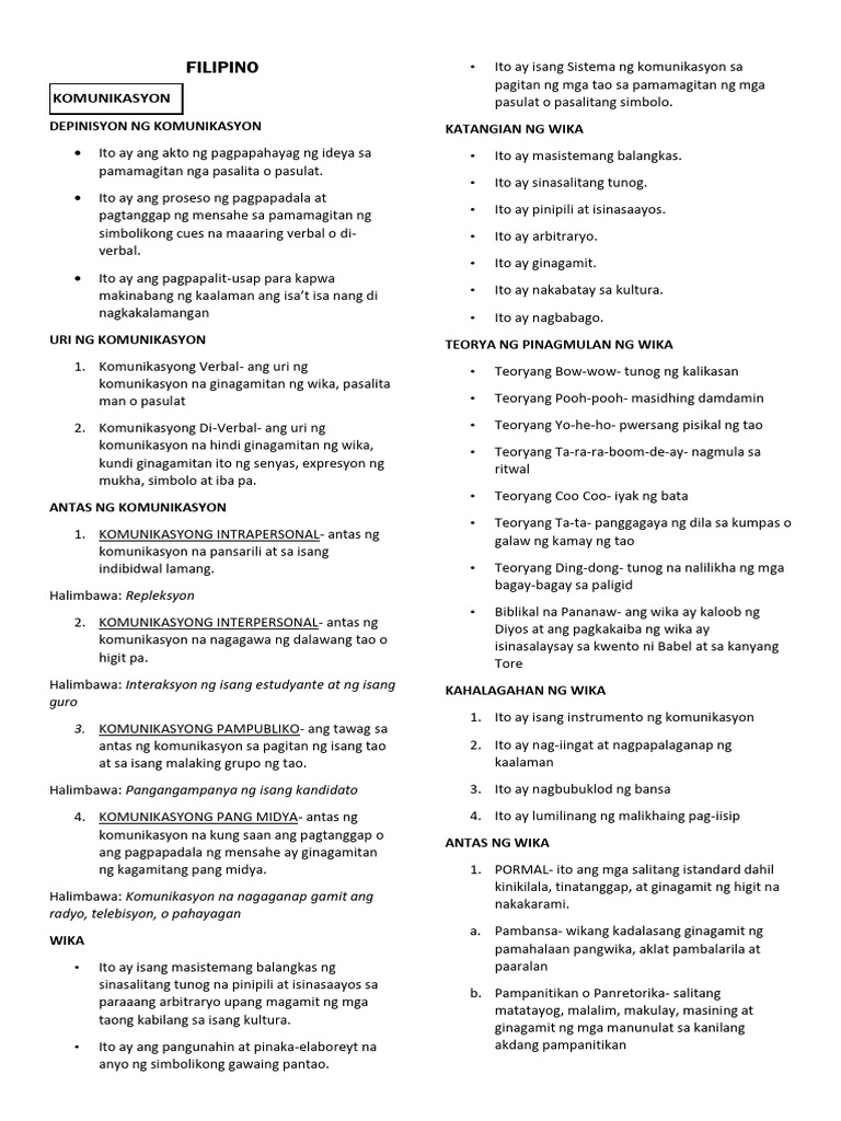 LE 1 Filipino Notes 1.1 | PDF