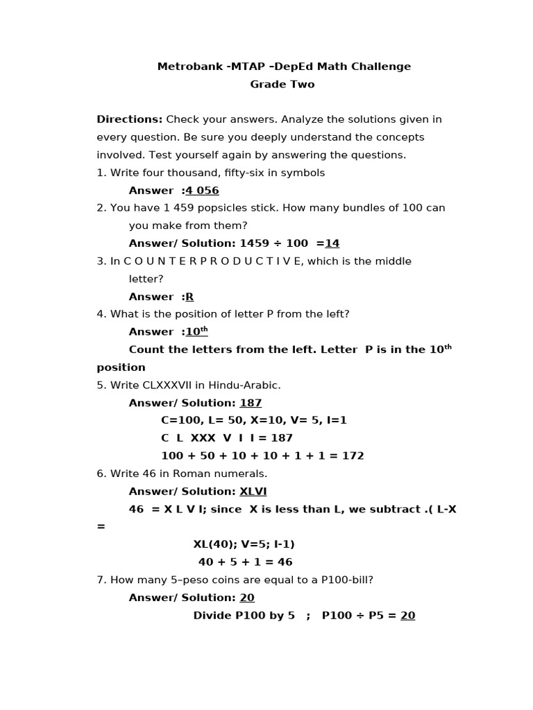Grade 2 Math Challenge Solutions | PDF | Mathematics | Arithmetic