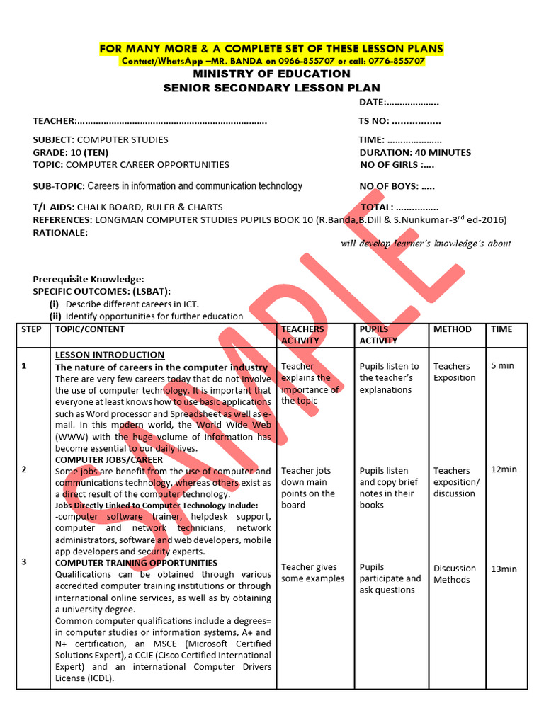 g10 Computer Studies Sample Lesson Plans 0966855707 | PDF | Application ...