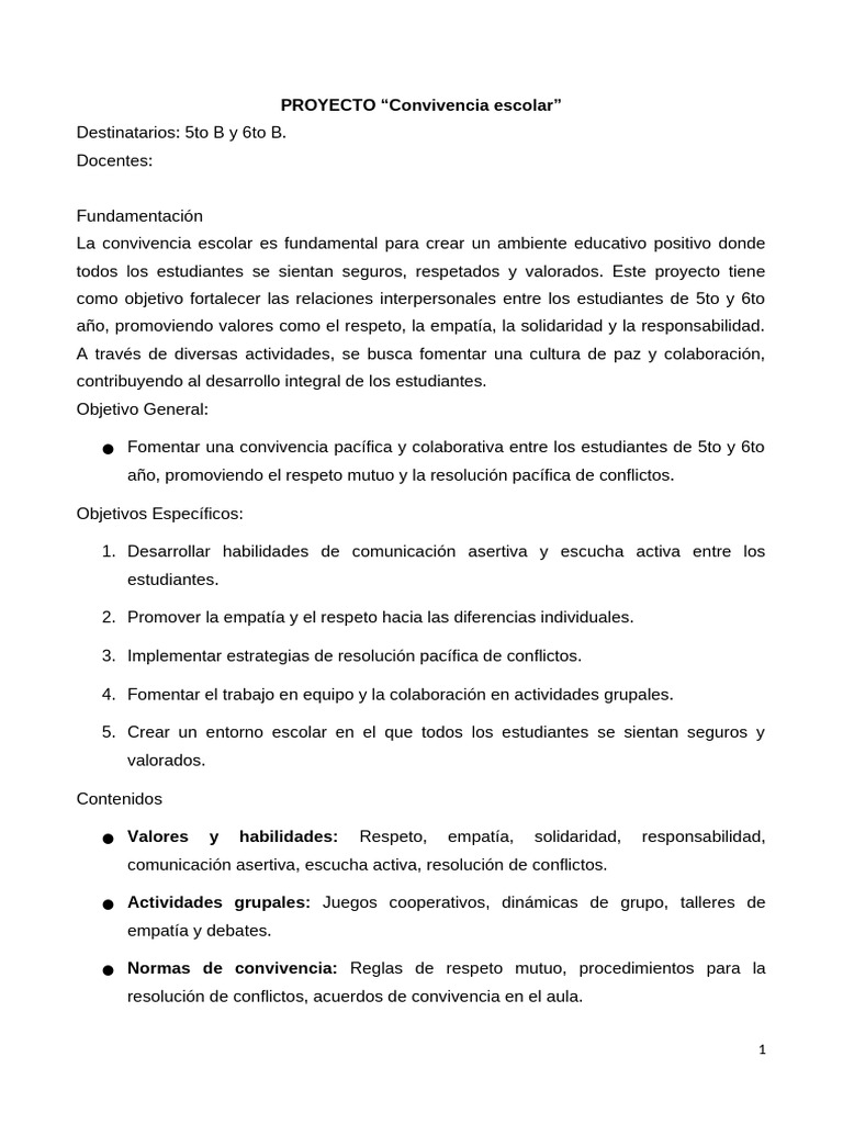 Proyecto de Convivencia Escolar 5to y 6to | PDF | Aprendizaje | Tolerancia