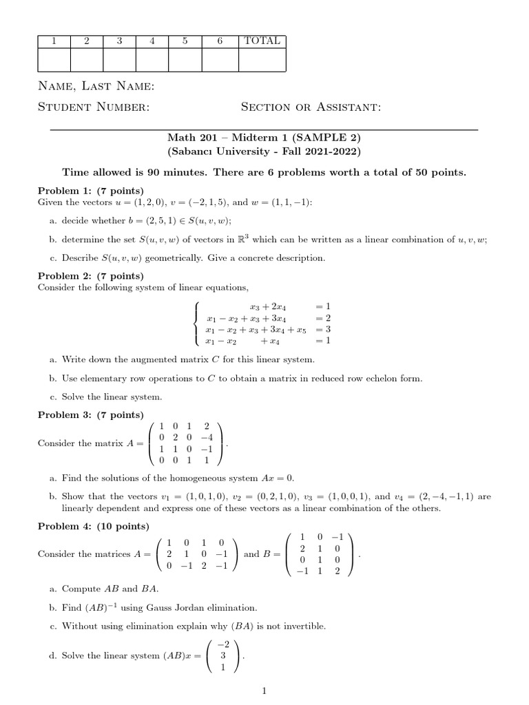 Math 201 Midterm 1 Sample Exam | PDF | System Of Linear Equations ...
