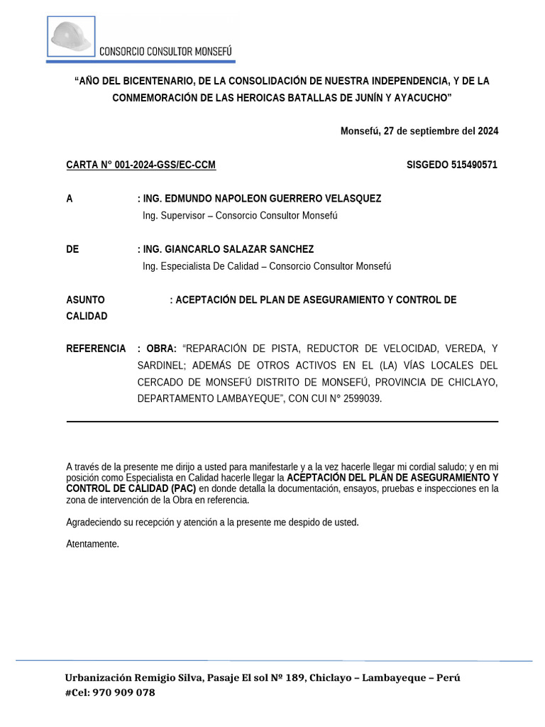 Carta #001 - Aceptacion de Plan de Aseguramiento y Control de Calidad | PDF