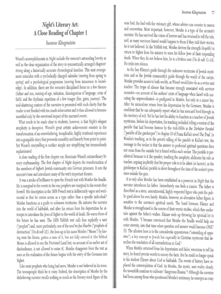 Night's Literary Art A Close Reading of Chapter 1 (Klingenstein) | PDF