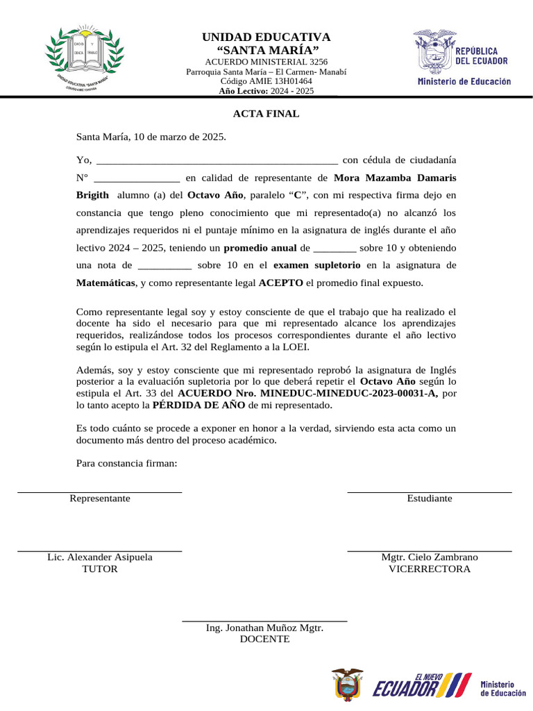 6.1. Acta de Compromiso - Matemáticas | PDF