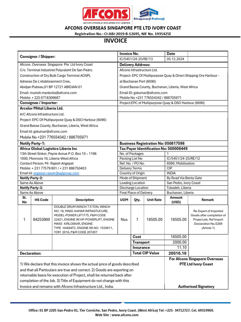 Afcons Invoice for Quay Project Equipment | PDF | Freight Transport
