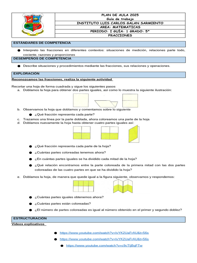 Plan de Aula: Fracciones para 5° Grado | PDF | División (Matemáticas ...