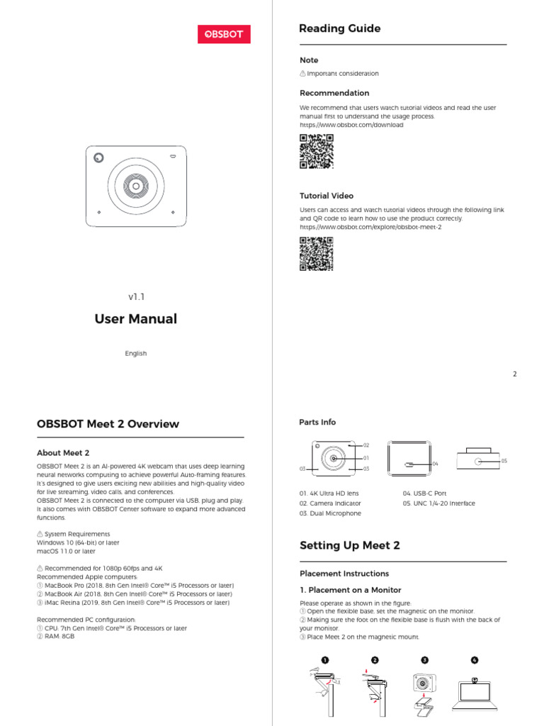 OBSBOTMeet2UserManual ENv1.1 | PDF | Autofocus | Usb
