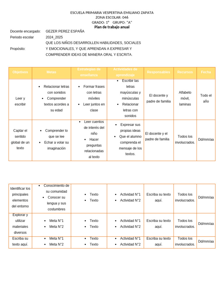 Formato de Plan de Trabajo Anual Primaria | PDF | Enseñando ...