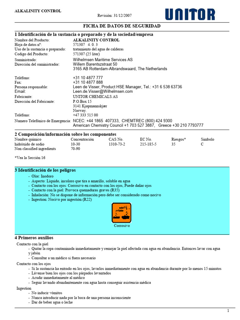 Ficha de Seguridad: Alkalinity Control | PDF | Mercurio (Elemento) | Quemar