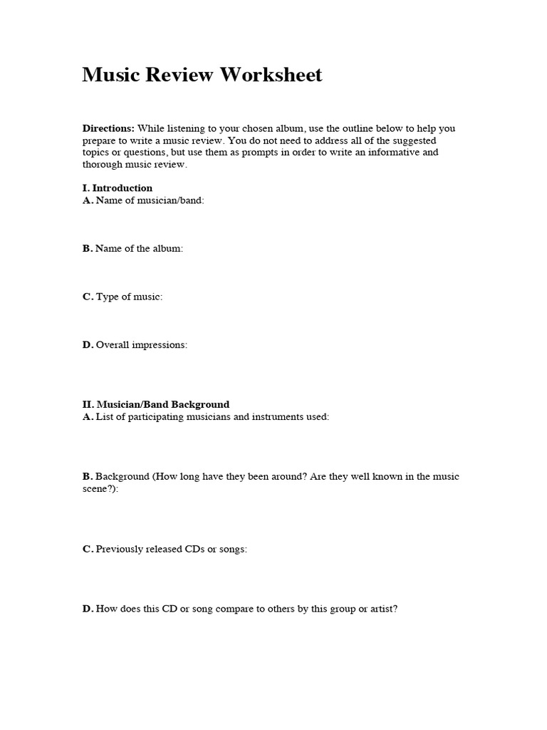 Music Review Worksheet Guide | PDF