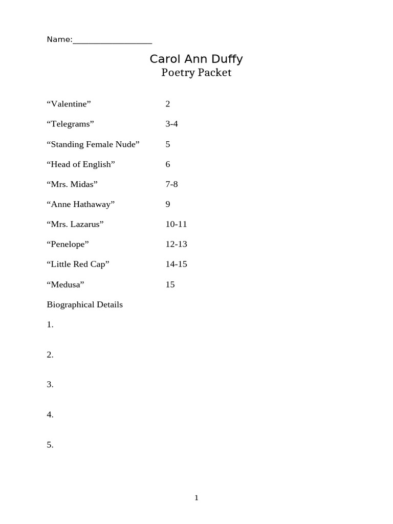 Carol Ann Duffy Poems-2024-2025 Unannotated | PDF