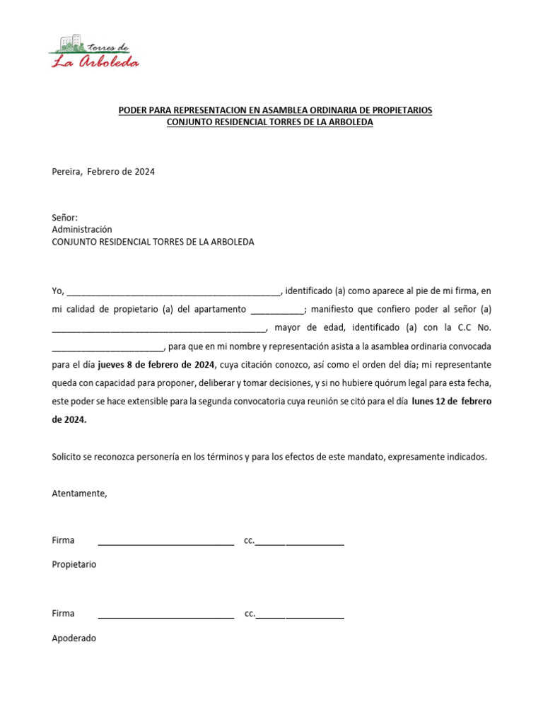Poder para Asamblea en Torres de Arboleda | PDF