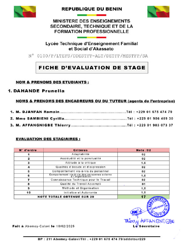 Fiche D évaluation De Stage 3 Pdf