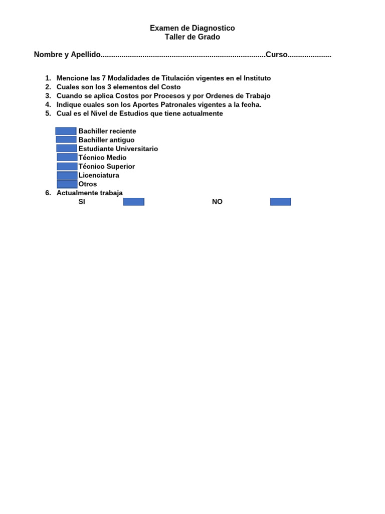 Examen de Diagnóstico para Taller de Grado | PDF