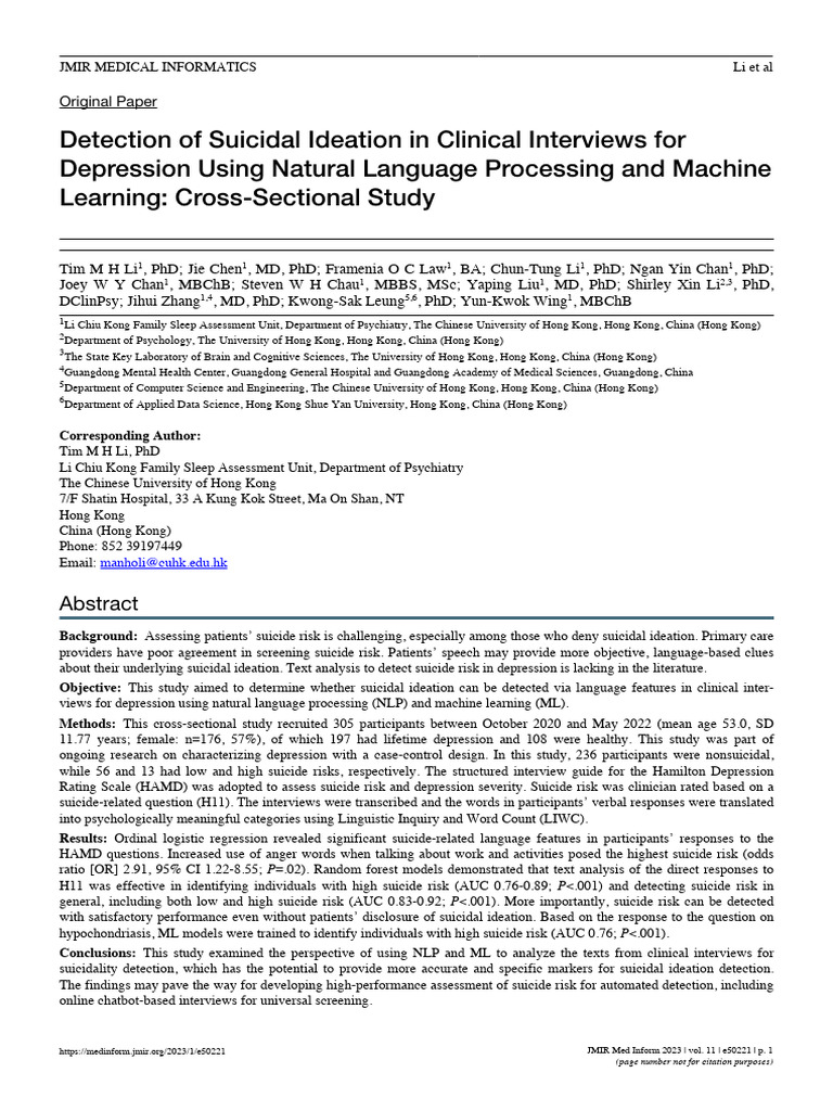 2023 Detection of Suicidal Ideation in Clinical Interviews For | PDF ...