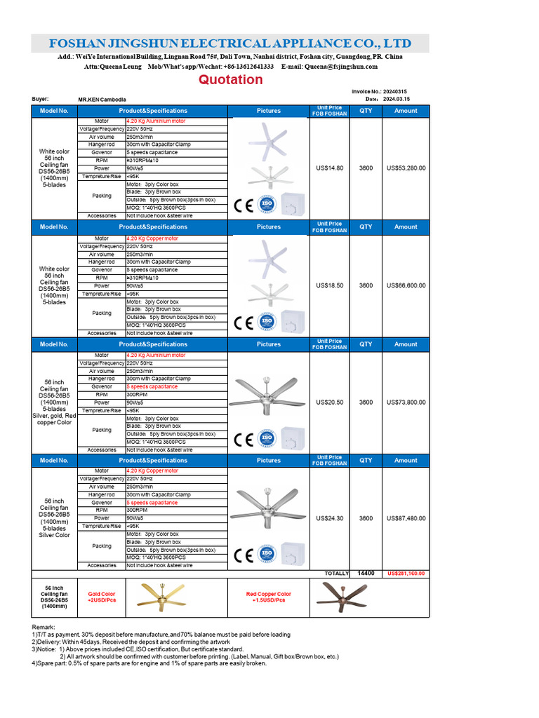 Ceiling Fan Quotation 20240315 | PDF | Physical Quantities | Electronic ...